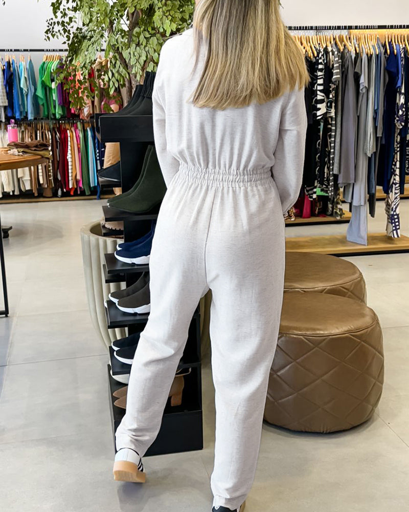 Turn-down Collar Overlap V-Neck Drawstring Stretchy Waist Jumpsuit Casual Flap Pockets Design Jumpsuit