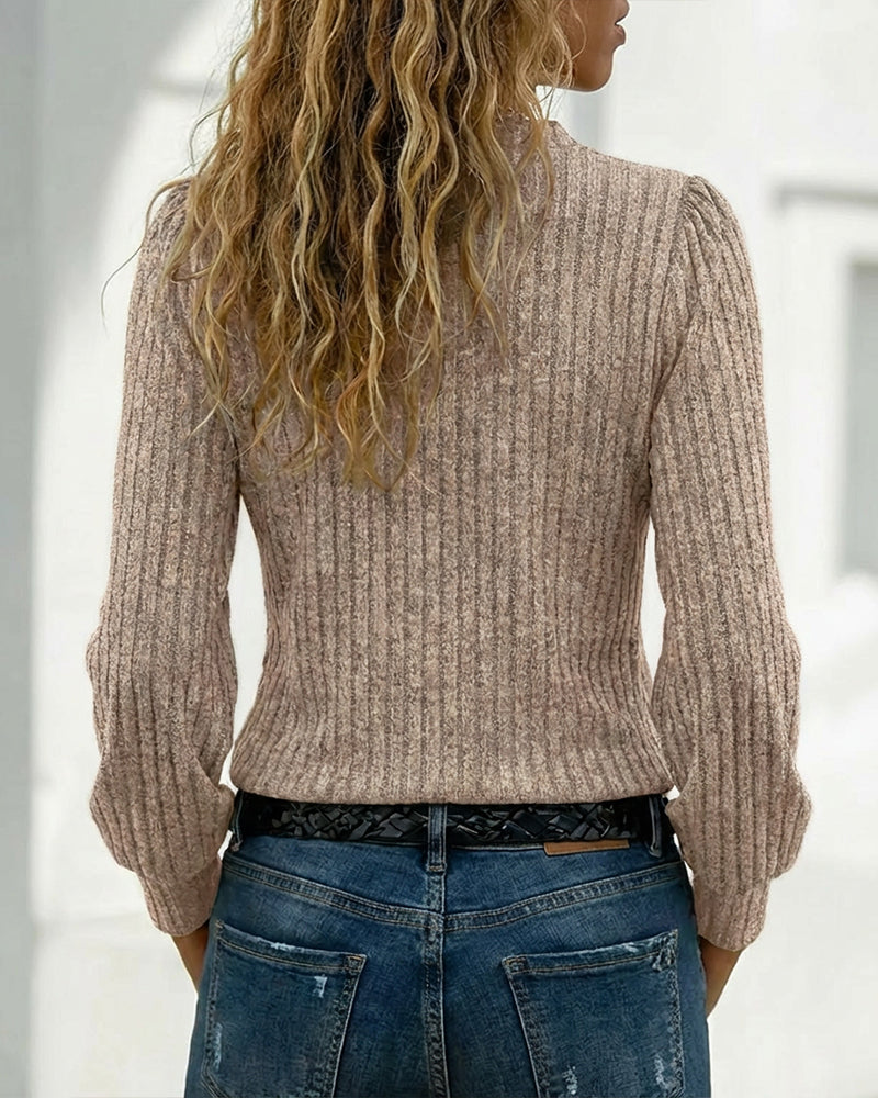 Button Decor Asymmetrical V-Neck Long Sleeve Ribbed Tee Casual Knit Brushed Top