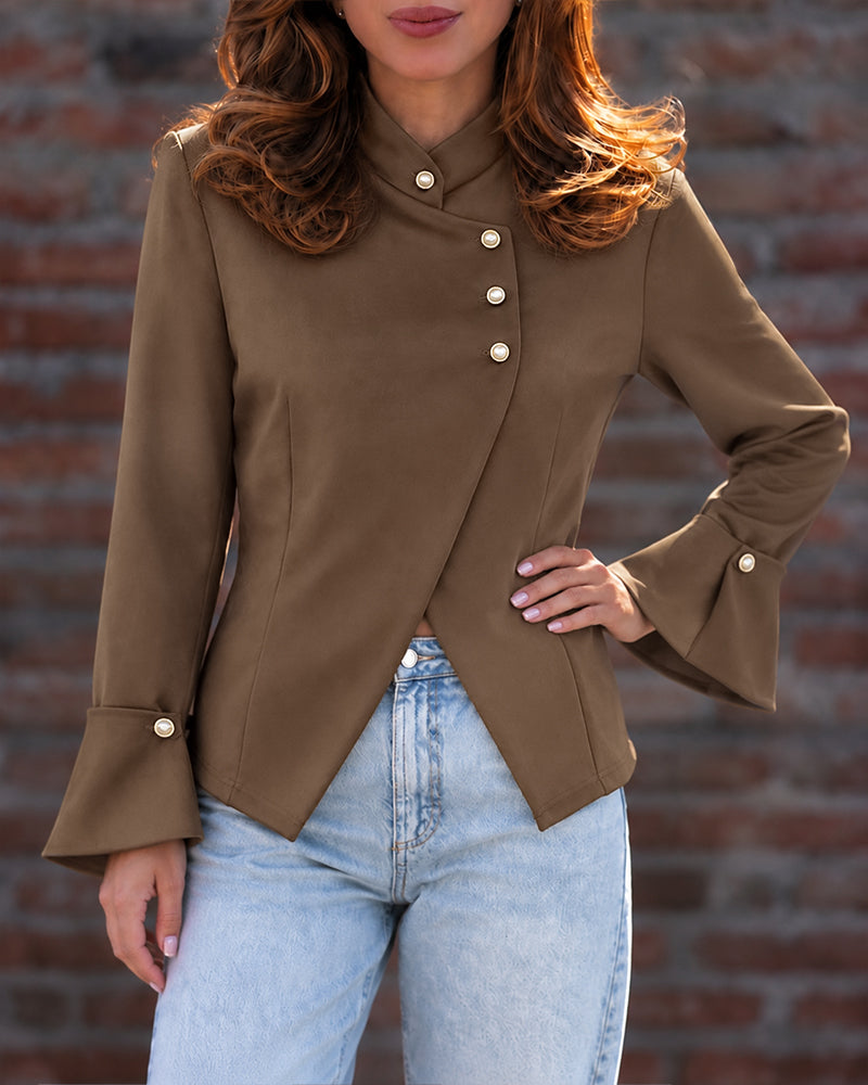 Women's Mandarin Collar Asymmetrical Pearl Button Split Hem Long Sleeve Coat