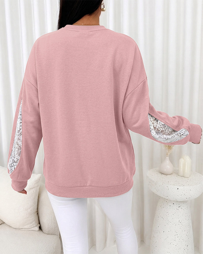 Women's Lace Patchwork Sweatshirt Crewneck Long Sleeve Pullover Slit Sleeve Casual Loose Fit Top