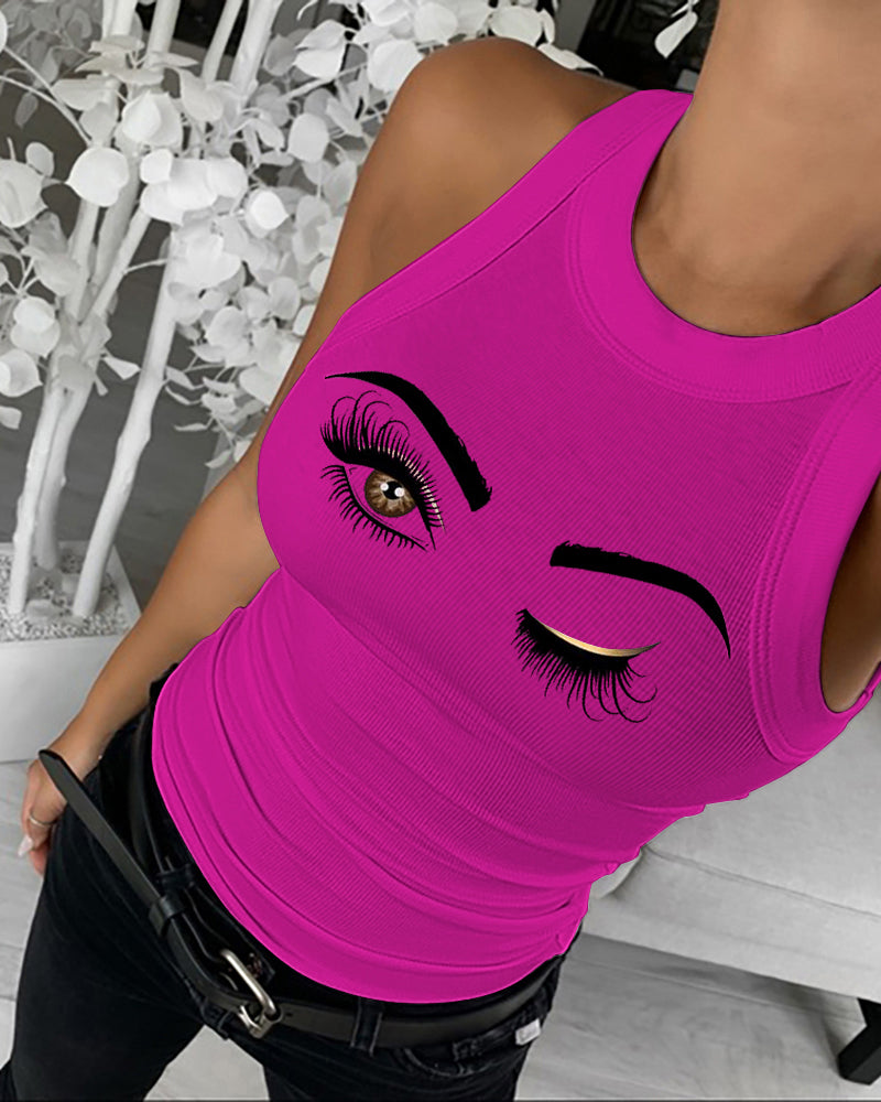 Eyelash Print Casual Tank Top