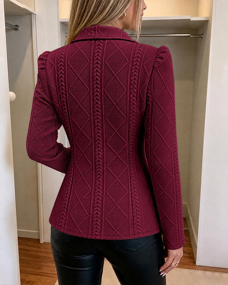 Women's Elegant Argyle Textured Blazer Slim Fit Puff Sleeve Suit Jacket Gold Button Work Office Commuter Blazer with Pockets