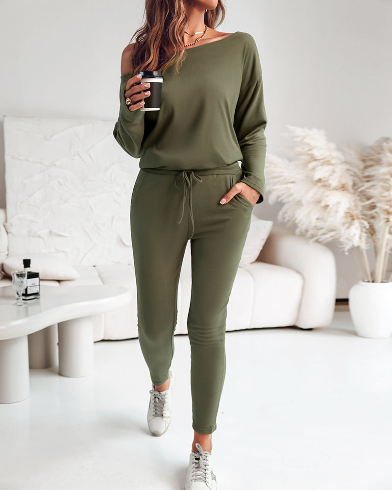 2 Pieces Outfit Long Sleeve Skew Neck Pullover Top and Drawstring Elastic Waist Slim Fit Pants Set