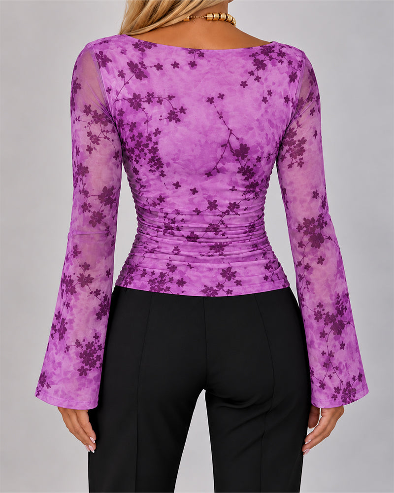 Women's Flocked Floral Boat Neck Sheer Mesh Flare Sleeve Ruched Slim Fit Top