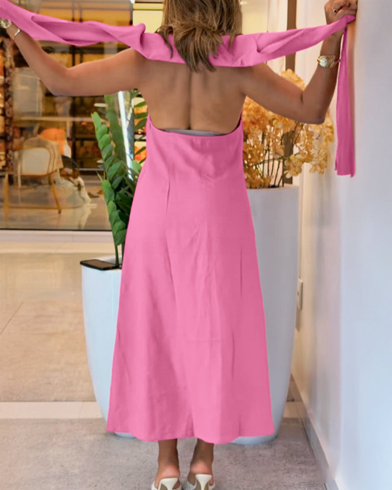 Ärmelloses Hemdblusenkleid mit Umlegekragen, durchgehender Knopfleiste, offenem Rücken, Bindedetail und lässigem Design für den Alltag