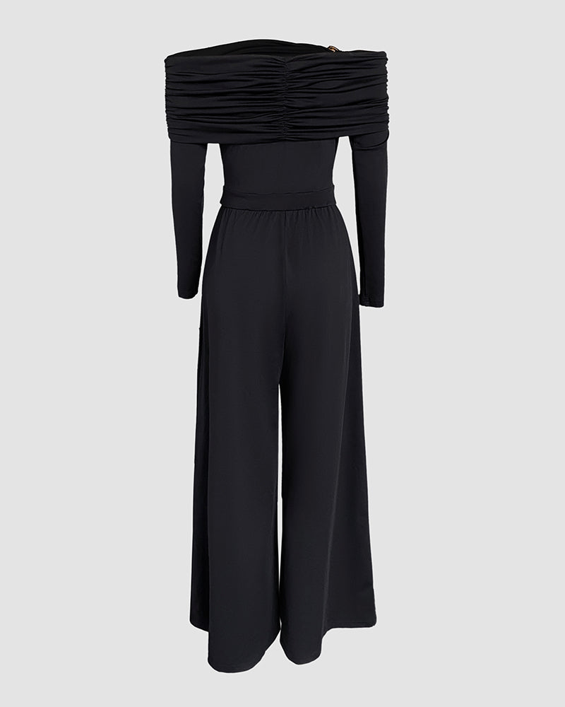 Jumpsuit mit Metallring-Dekor, schulterfrei, gerafft, mit hoher Taille, legerer, taillierter Jumpsuit mit weitem Bein