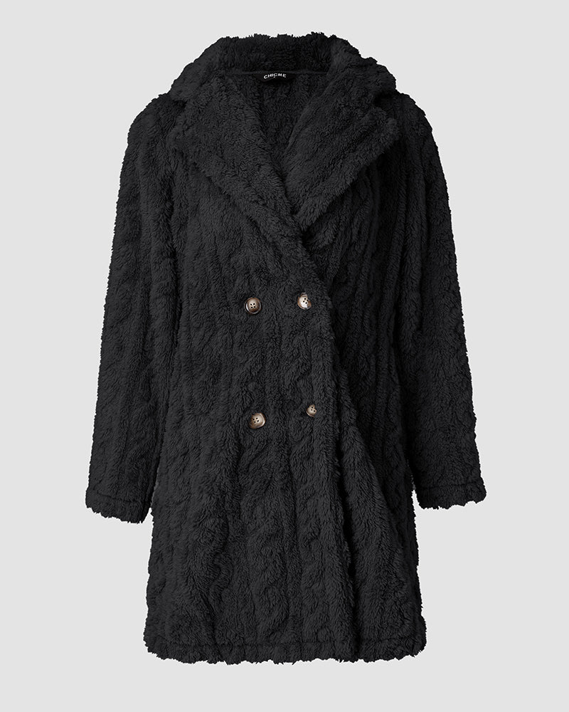 Cable Textured Lapel Neck Button Front Pocket Design Thermal Teddy Coat