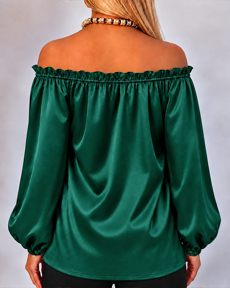 Women's Off Shoulder Satin Frill Trim Tie Front Lantern Sleeve Top