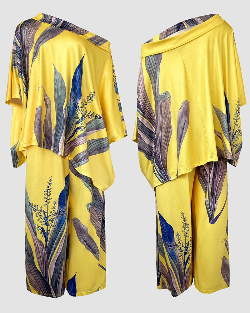 2 Pieces Outfit Plants Print Cold Shoulder Batwing Sleeve Top and Casual Wide Leg Pants Set
