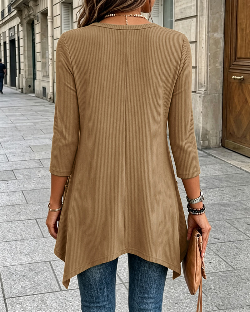 Women's Ribbed Asymmetrical Hem Top Crewneck Three Quarters Sleeve A-Line Casual Top