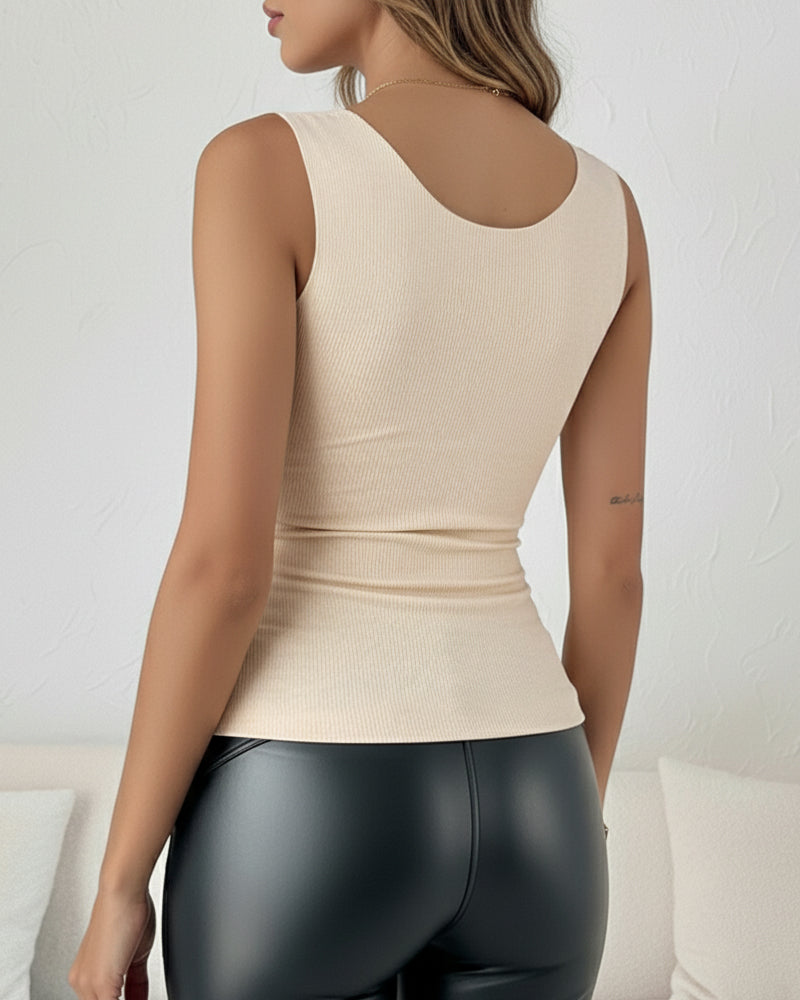 Sheer Mesh Spliced V Neck Sleeveless Built In Bra Tank Casual Warm Fleece Lined Slim Fit Top