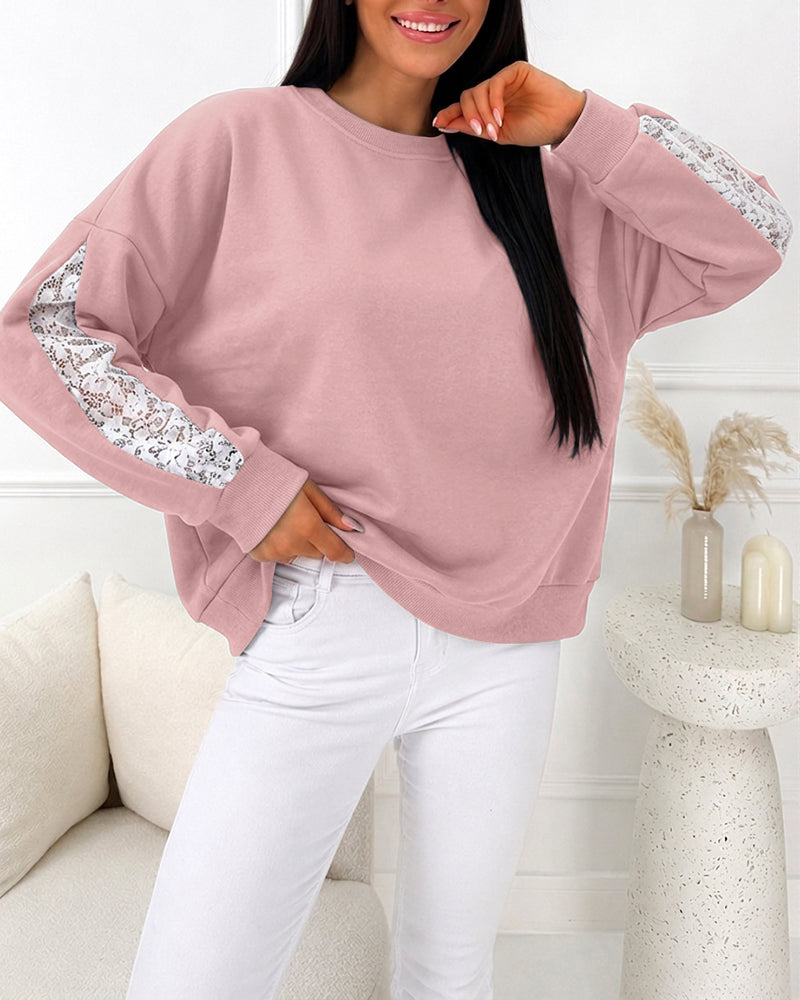 Women's Lace Patchwork Sweatshirt Crewneck Long Sleeve Pullover Slit Sleeve Casual Loose Fit Top