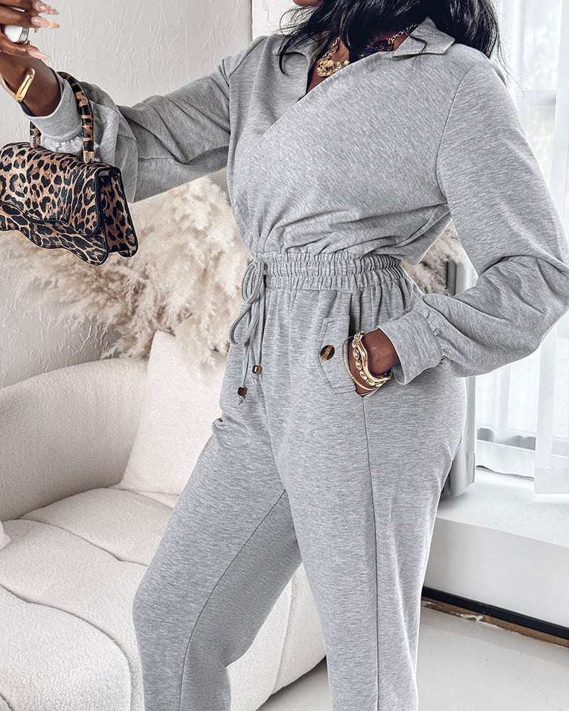 Turn-down Collar Overlap V-Neck Drawstring Stretchy Waist Jumpsuit Casual Flap Pockets Design Jumpsuit