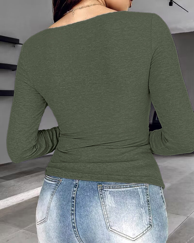 Chicme Built In Bra Notch Neck Long Sleeve Shirts Rib Knit Ruched Waist Top