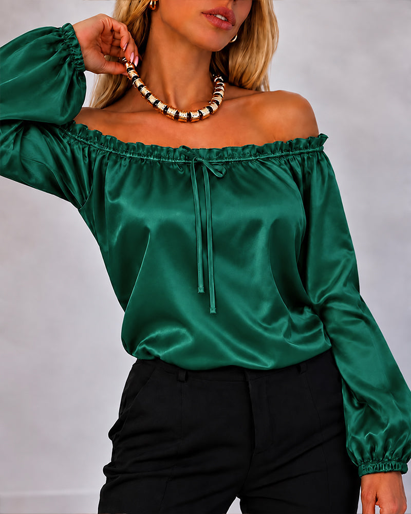 Women's Off Shoulder Satin Frill Trim Tie Front Lantern Sleeve Top