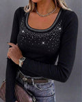 Women's Rhinestone U-Neck Ribbed Long Sleeve Slim Fit Top