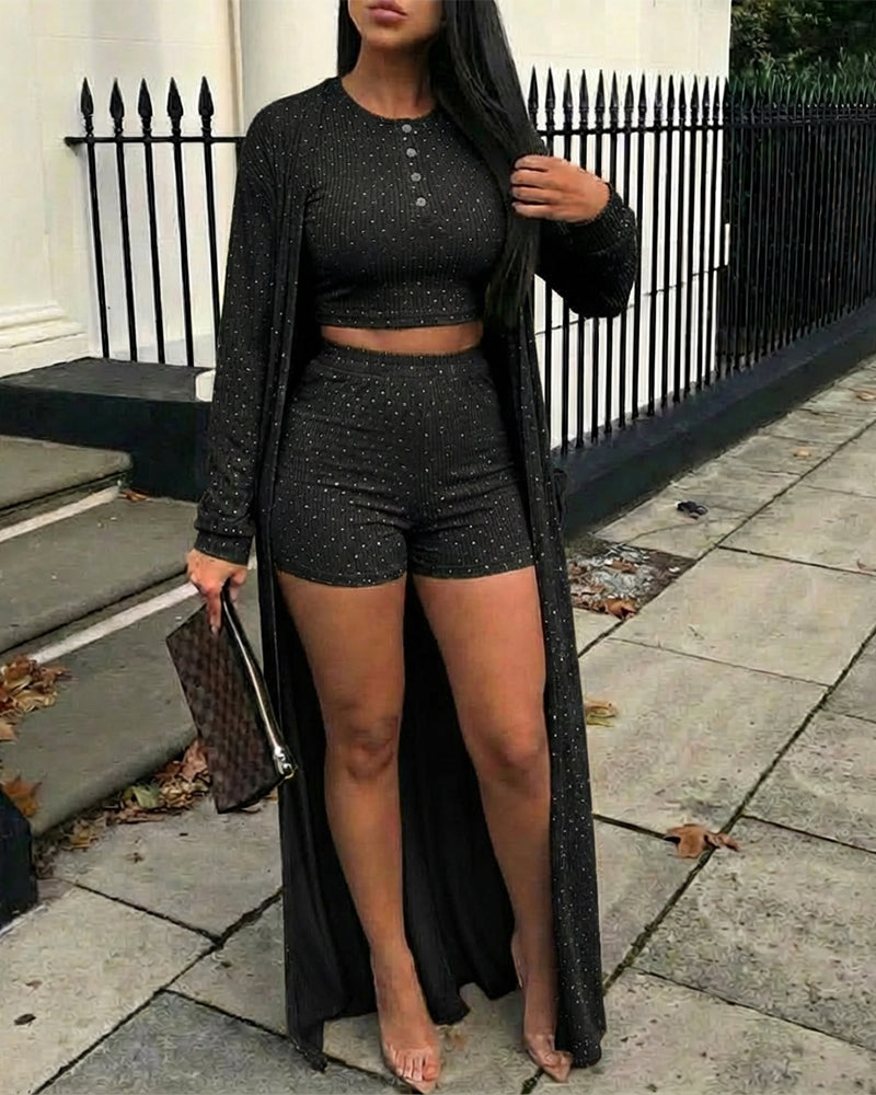 3 Pieces Outfit Sleeveless Half Button Front Crop Tank Top and High Waist Elastic Waist Shorts Set with Longline Cardigan Casual Rhinestone Decor Textured Set
