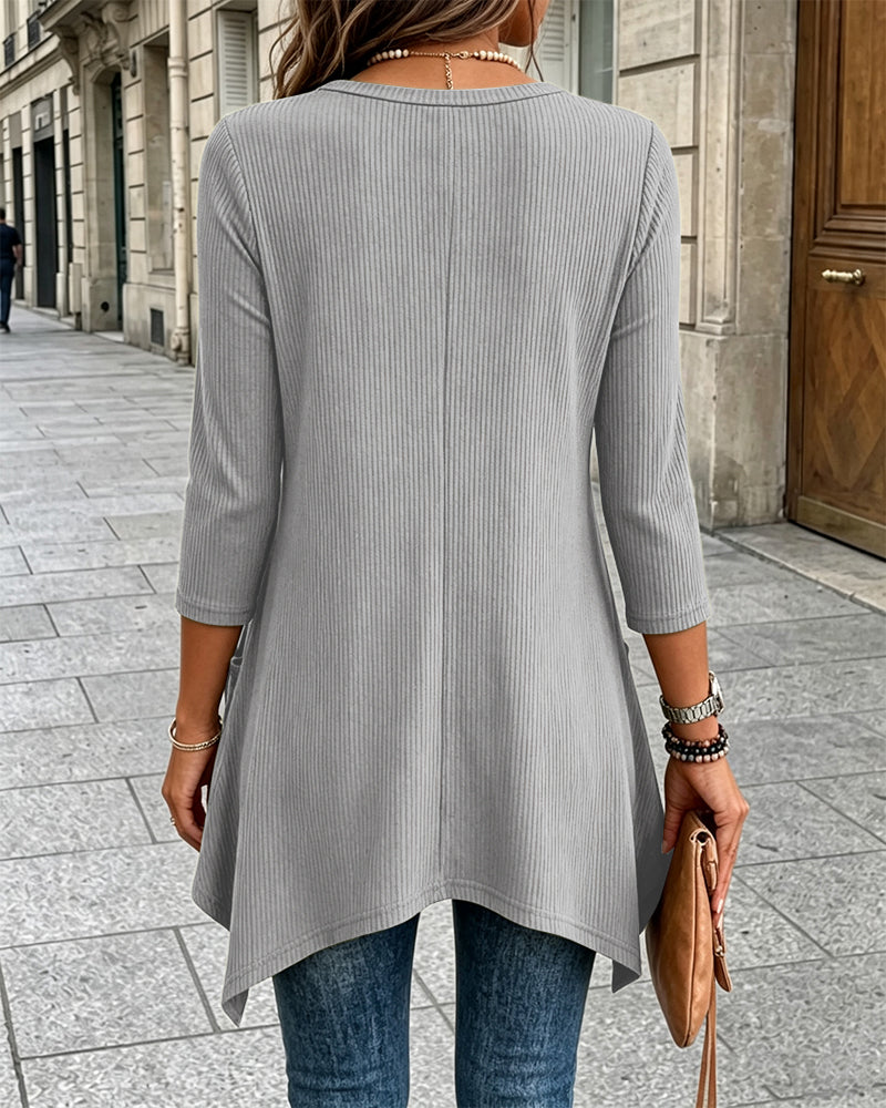 Women's Ribbed Asymmetrical Hem Top Crewneck Three Quarters Sleeve A-Line Casual Top