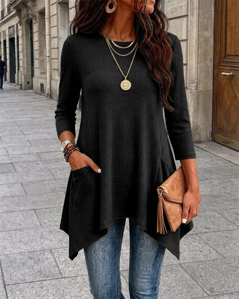 Women's Ribbed Asymmetrical Hem Top Crewneck Three Quarters Sleeve A-Line Casual Top