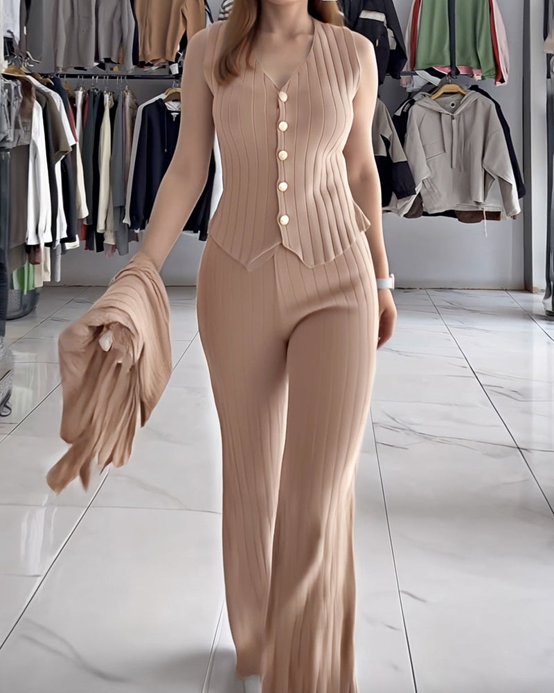 3 Pcs Outfits V Neck Long Sleeve Knit Coat with Metal Button Detail Tank Top Casual Long Pants Knit Sets
