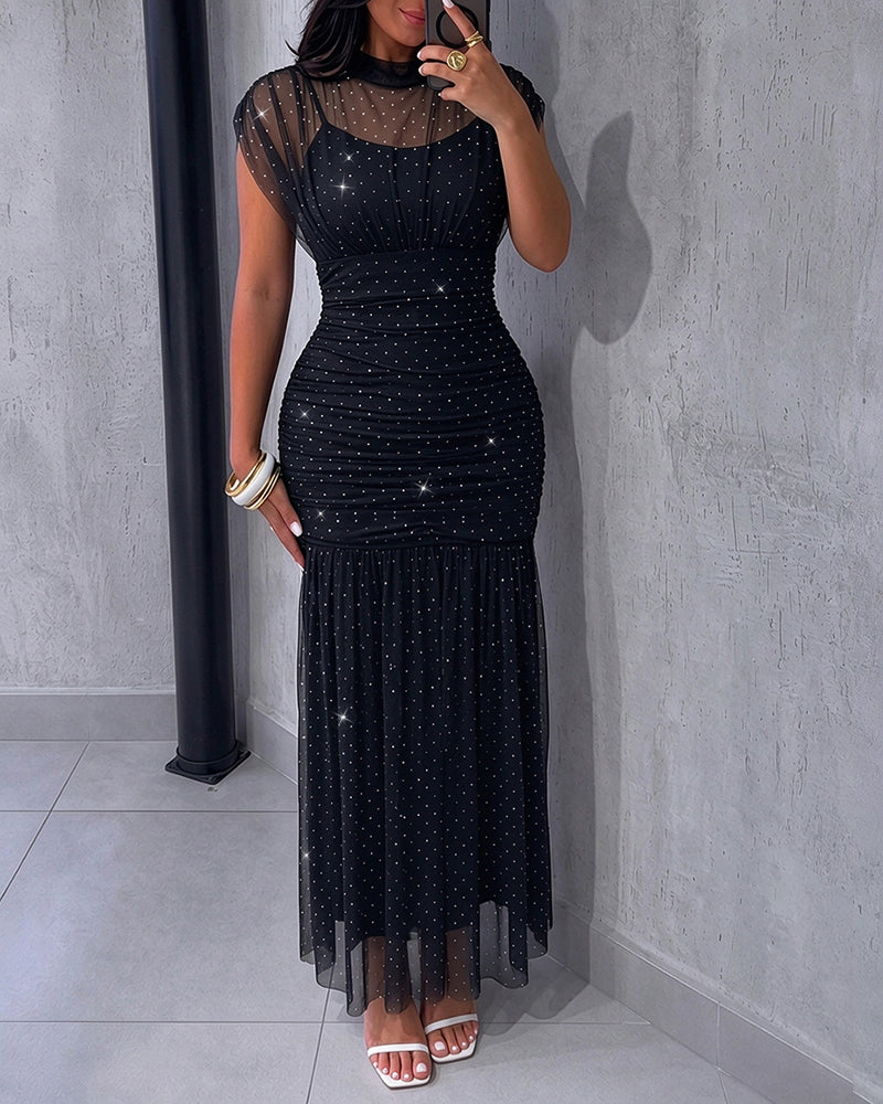 Women's Mock Neck Cap Sleeve Rhinestone Sheer Mesh Ruched Mermaid Maxi Evening Dress