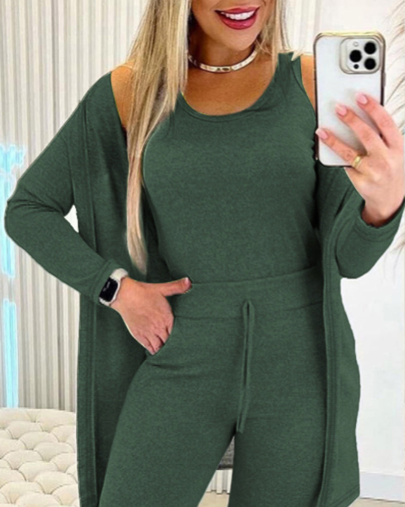 3 Piece Lounge Set Crewneck Sleeveless Tank Top Long Sleeve Open Front Coat Pants Sweatsuit