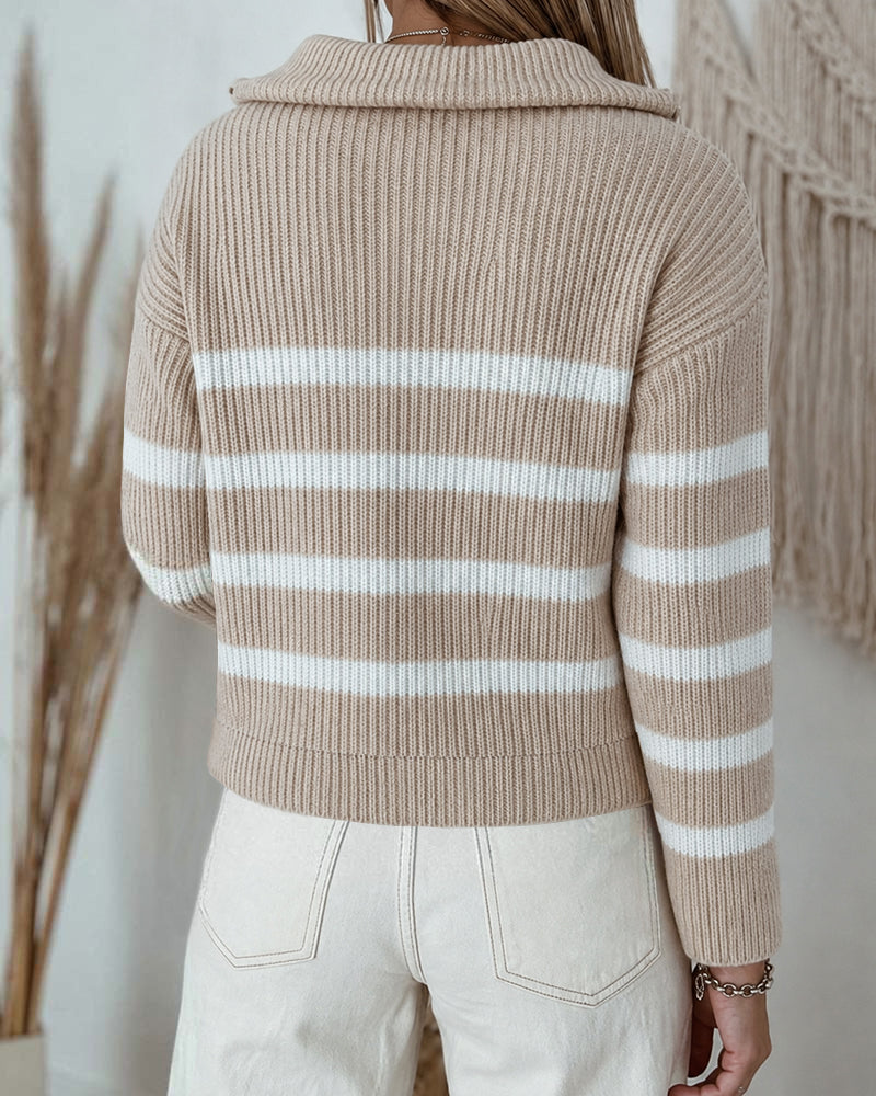 Women's Half Zip Striped Sweater Colorblock Turn-down Collar Knit Pullover Drop Shoulder Loose Fit Top