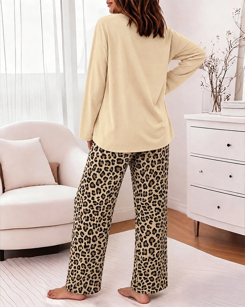 Women's Two Piece Pajamas Set Christmas Letter Print Long Sleeve Top and Leopard Pants with Pockets