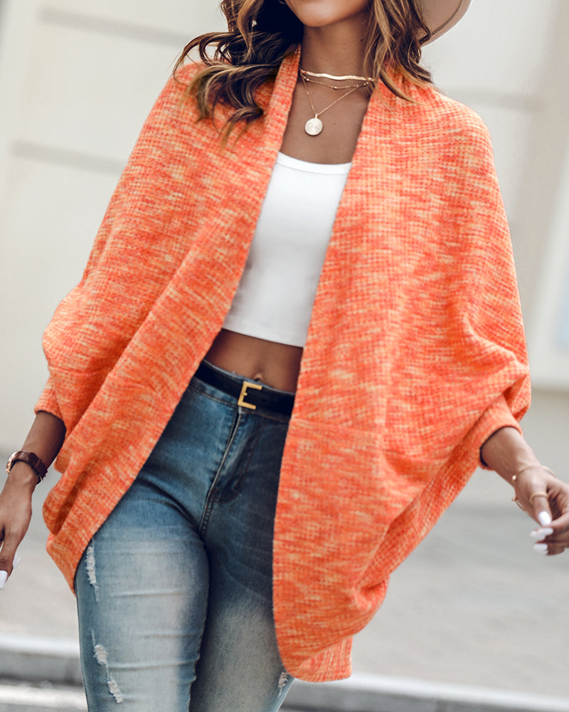 Colorful Waffle Knit Open Front Coat Batwing Long Sleeve Cardigan