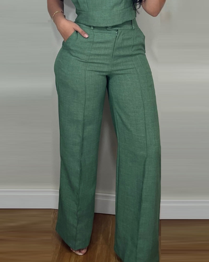2 Pieces Outfit 3D Cutting Decor Design Cap Sleeve Hollow-out Back Crop Top and Casual Zipper Fly Seam Front Straight Pants Set