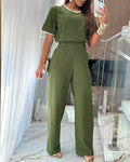 2 Pieces Outfit Short Sleeve Pullover Top and Elastic Waist Wide Leg Pants Set Casual Contrast Paneled Set