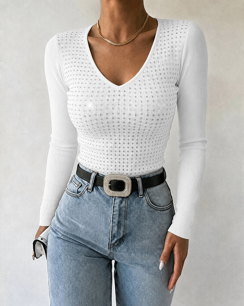 Women's V Neck Rhinestone Top Long Sleeve Ribbed Knit Tee Slim Fit Pullover Casual Base Layering Top
