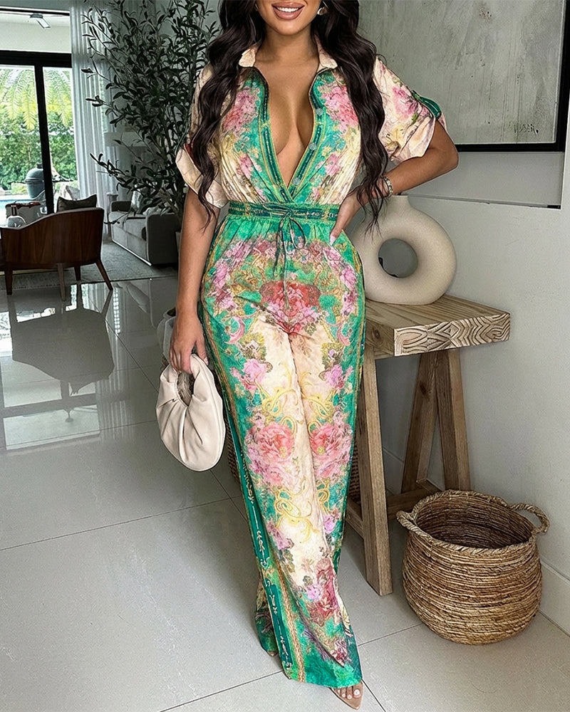 Jumpsuit mit Blumendruck im Vintage-Stil, Umlegekragen, Krempelärmeln, Knopfleiste vorne, lässigem Kordelzug in der Taille und weitem Bein für den Urlaub