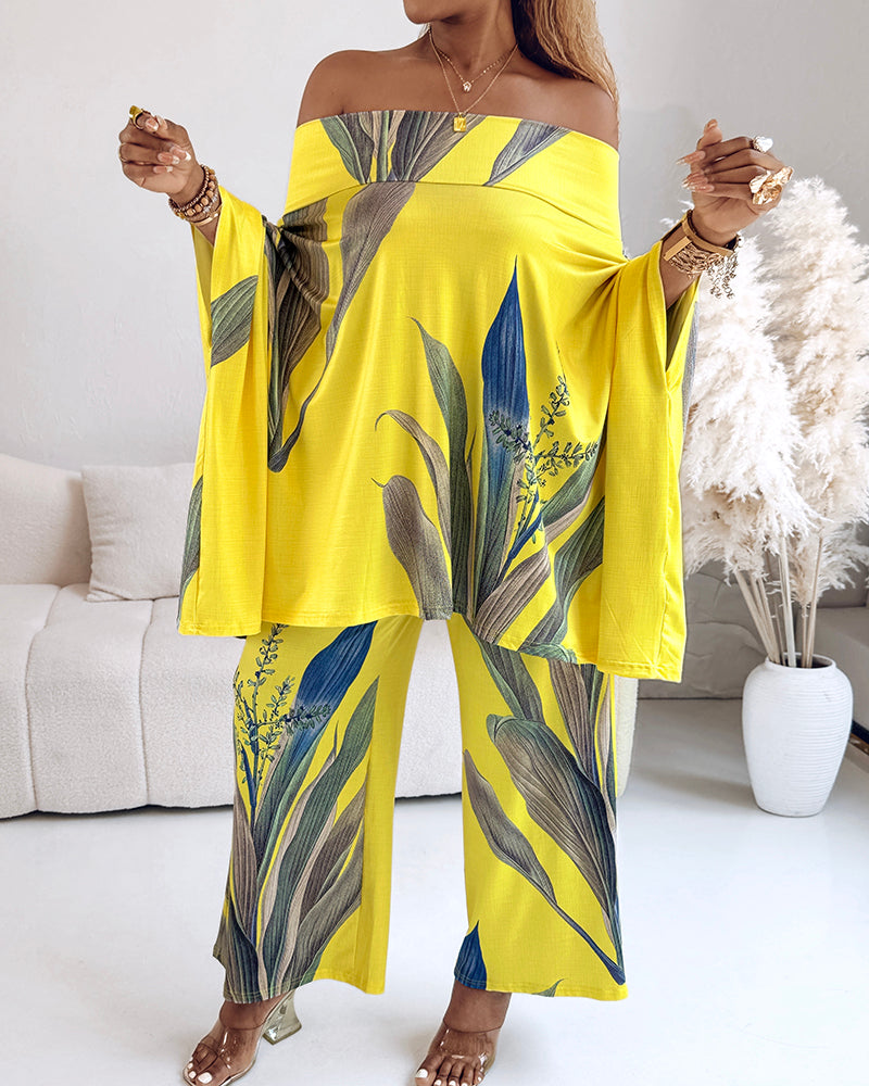 2 Pieces Outfit Plants Print Cold Shoulder Batwing Sleeve Top and Casual Wide Leg Pants Set