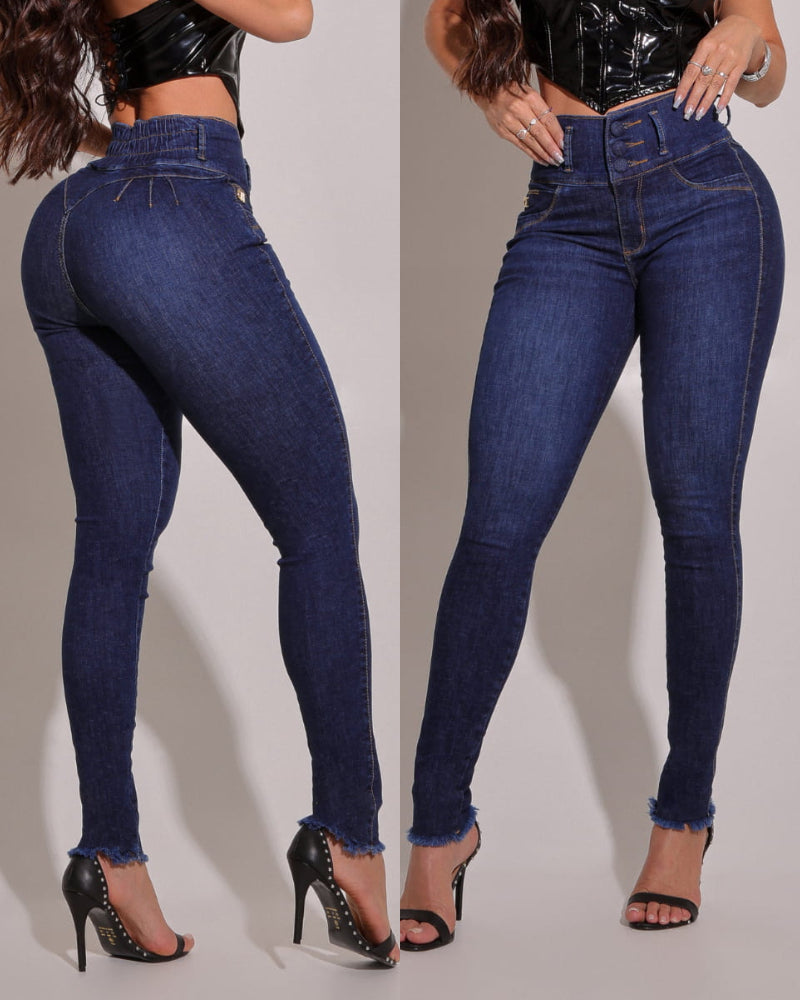 High Waist Strechy Skinny Jean Pants Casual Butt Lifting Raw Hem Slim Fit Leggings