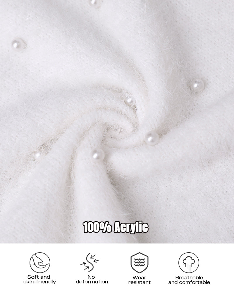 V-Neck Long Sleeve Beaded Decor Oversized Sweater Fluffy Pullover Top