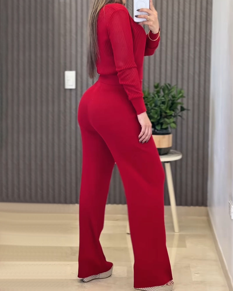 2 Pieces Outfit Round Neck Long Sleeve Semi-Sheer Crop Top and High Waist Elastic Waist Wide Leg Pants Set Casual Minimalist Ribbed Set