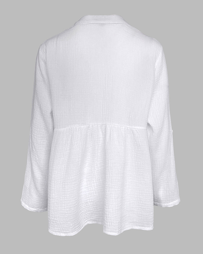 Notch Neck Roll Up Sleeve Lace Overlay Shirt Half Button Front Ruffle Hem Casual Top