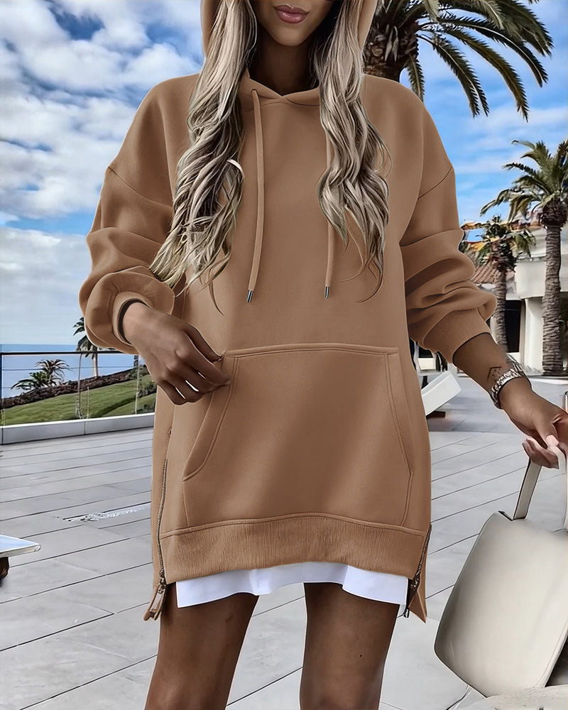 Long Sleeve Kangaroo Pocket Design Zipper Side Pullover Sweatshirt Casual Faux Two Piece Side Slit Longline Drawstring Hoodie Top
