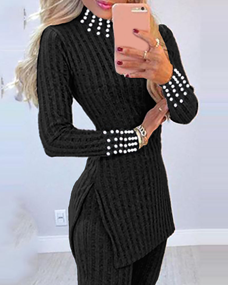 2 Pieces Outfit Mock Neck Long Sleeve Hollow-out Back Side Slit Longline Top and High Waist Slit Hem Pants Set Casual Pearls Decor Slim Fit Knit Lounge Set