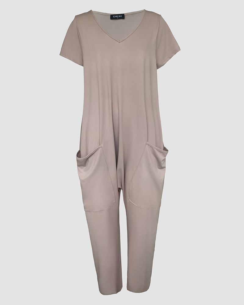 V-Neck High Stretch Tapered Drop-Crotch Casual Jumpsuit With Pockets
