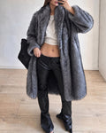 Women's Lapel Collar Loose Longline Faux Fur Coat Open Front Vintage Fluffy Overcoat
