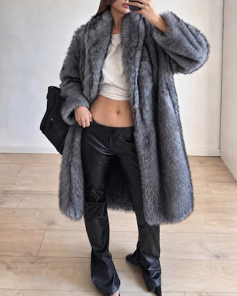 Women's Lapel Collar Loose Longline Faux Fur Coat Open Front Vintage Fluffy Overcoat