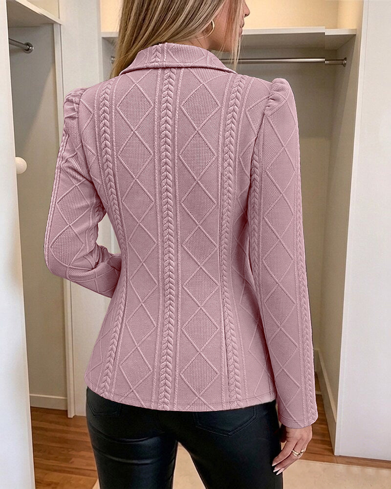 Women's Elegant Argyle Textured Blazer Slim Fit Puff Sleeve Suit Jacket Gold Button Work Office Commuter Blazer with Pockets
