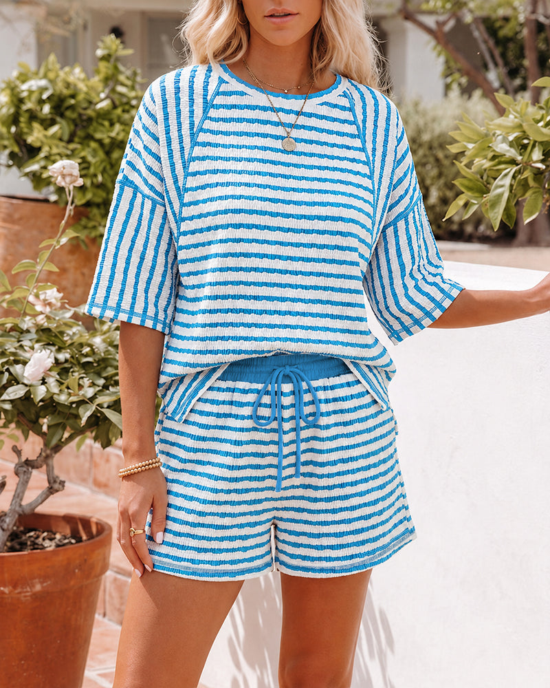 Women's Striped Textured 2 Piece Set Crewneck Raglan Half Sleeve Top and Elastic Drawstring Shorts Casual Loungewear