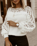 Crewneck Guipure Lace Long Sleeve Hollow Out Knit Sweaters Pullover Tops