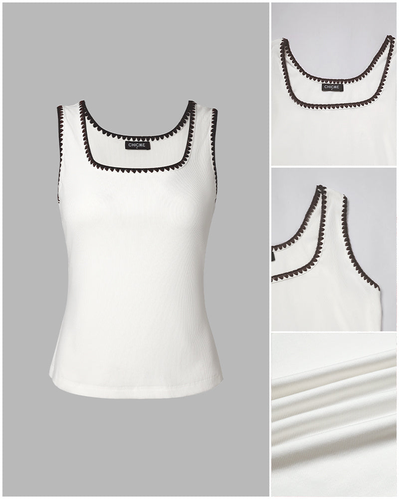 Women's Contrast Crochet Trim U-Neck Ribbed Slim Fit Tank Top