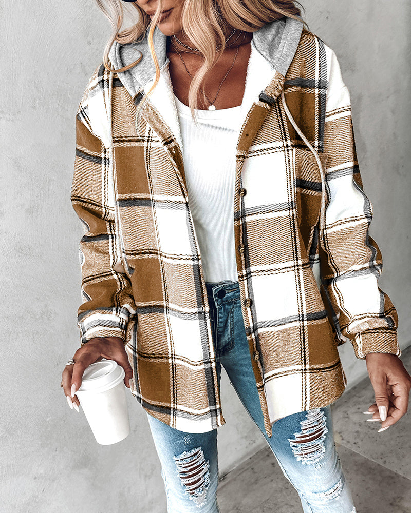 Karierte Langarm-Hemdjacke mit Knopfleiste, fleecegefütterte Kapuzenjacke, warmer Mantel