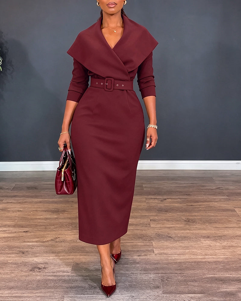 Women's Lapel Collar Wrap V-Neck Long Sleeve Slit Midi Dress with Belt