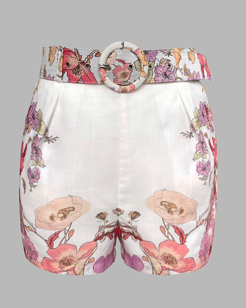 2 Pieces Outfit Floral Placement Print Stand Collar Button Button Front Lantern Sleeve Top and Casual Elastic Back Waist Shorts Set with Belt